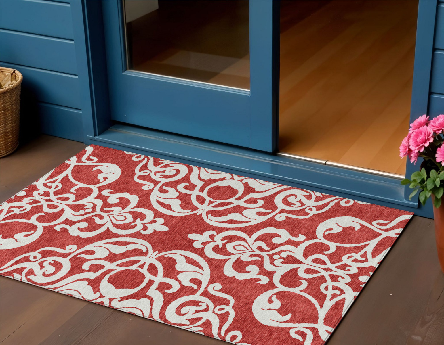 3' X 5' Red And Ivory Damask Washable Indoor Outdoor Area Rug-614455-1