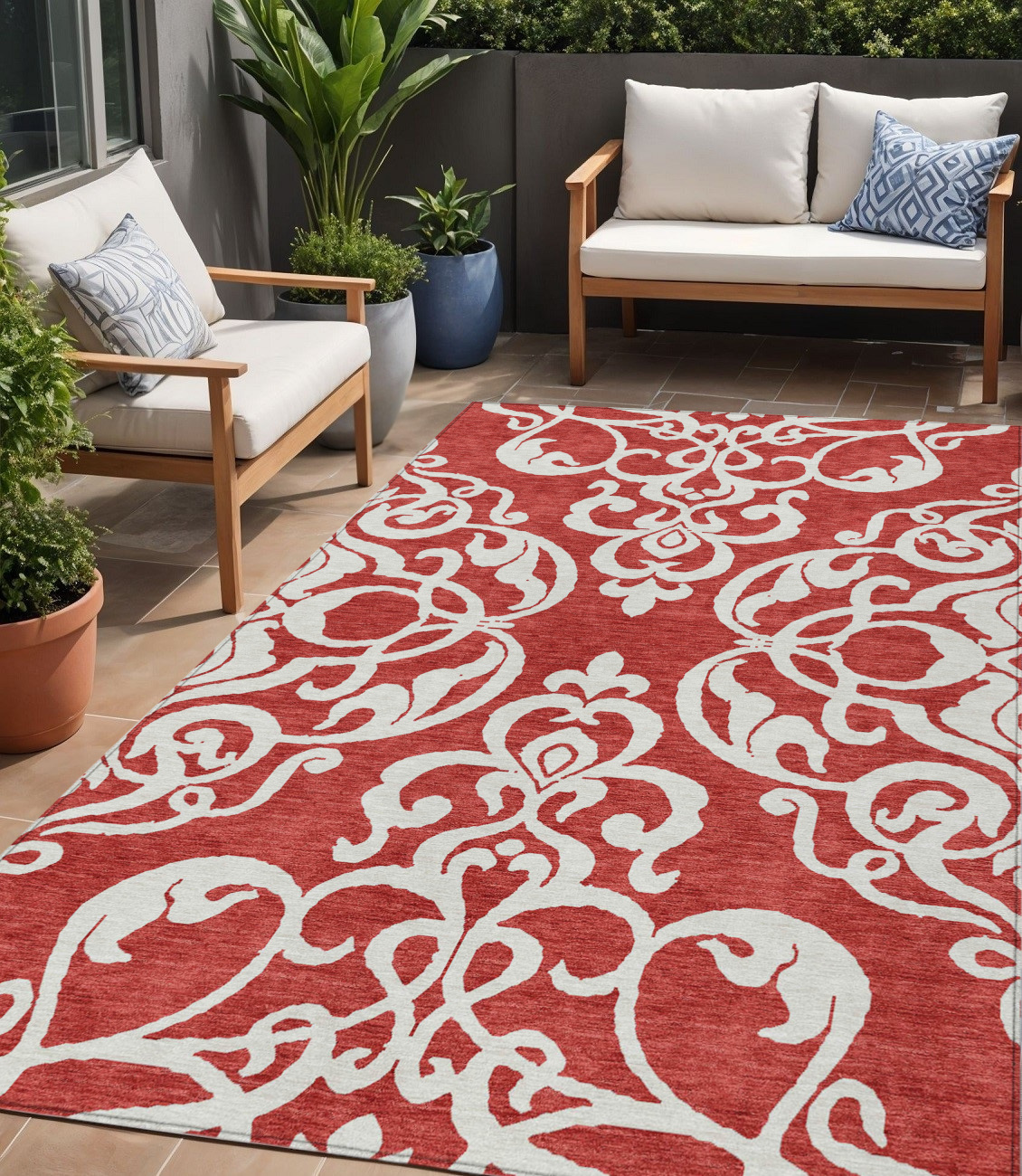5' X 8' Red And Ivory Damask Washable Indoor Outdoor Area Rug-614456-1