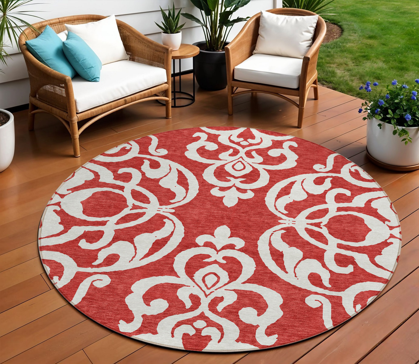 8' Red And Ivory Round Damask Washable Indoor Outdoor Area Rug-614457-1