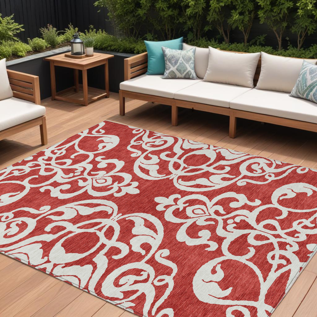 10' X 14' Red And Ivory Damask Washable Indoor Outdoor Area Rug-614460-1