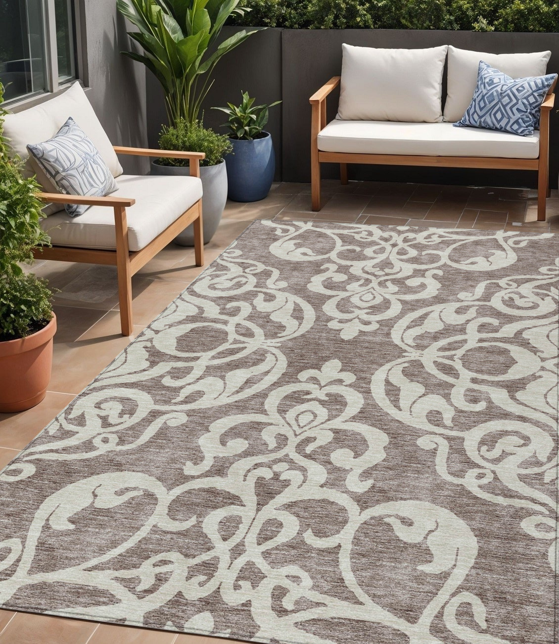 5' X 8' Taupe And Ivory Damask Washable Indoor Outdoor Area Rug-614462-1