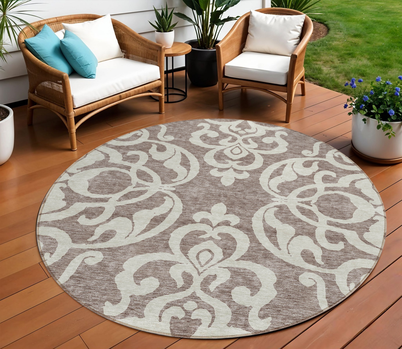 8' Taupe And Ivory Round Damask Washable Indoor Outdoor Area Rug-614463-1