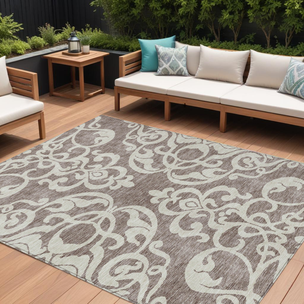 9' X 12' Taupe And Ivory Damask Washable Indoor Outdoor Area Rug-614465-1