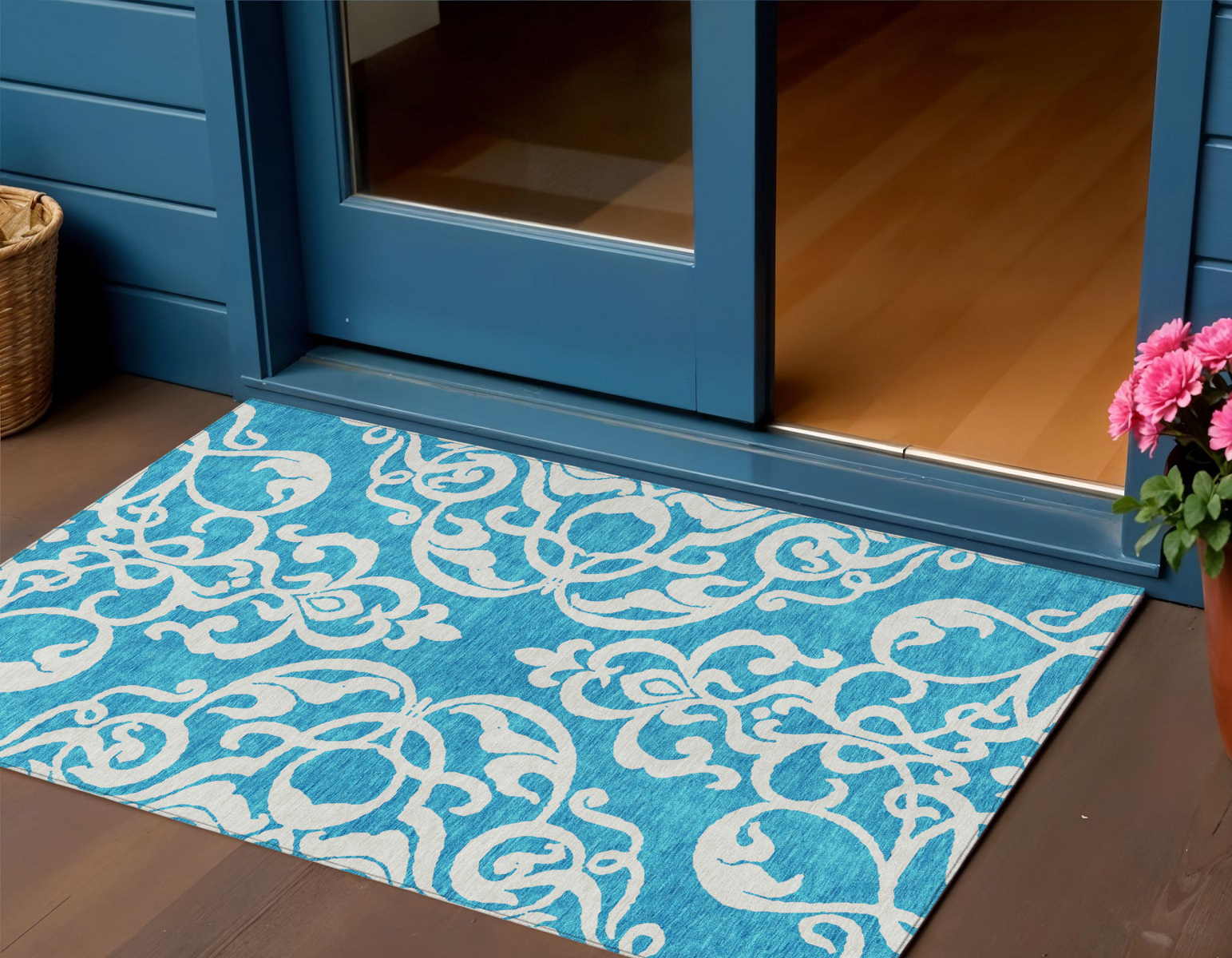 3' X 5' Turquoise And Ivory Damask Washable Indoor Outdoor Area Rug-614467-1