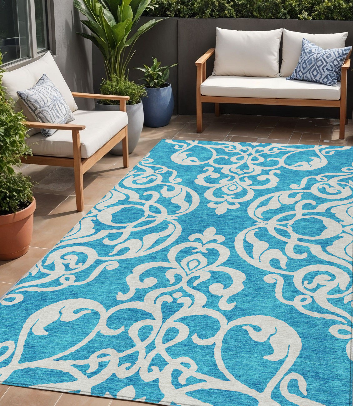 5' X 8' Turquoise And Ivory Damask Washable Indoor Outdoor Area Rug-614468-1