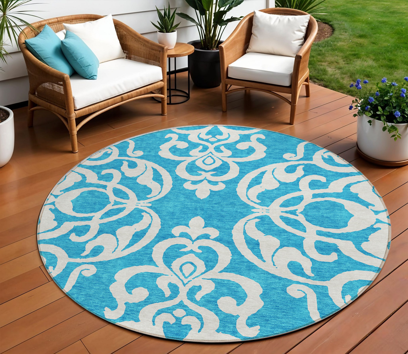 8' Turquoise And Ivory Round Damask Washable Indoor Outdoor Area Rug-614469-1