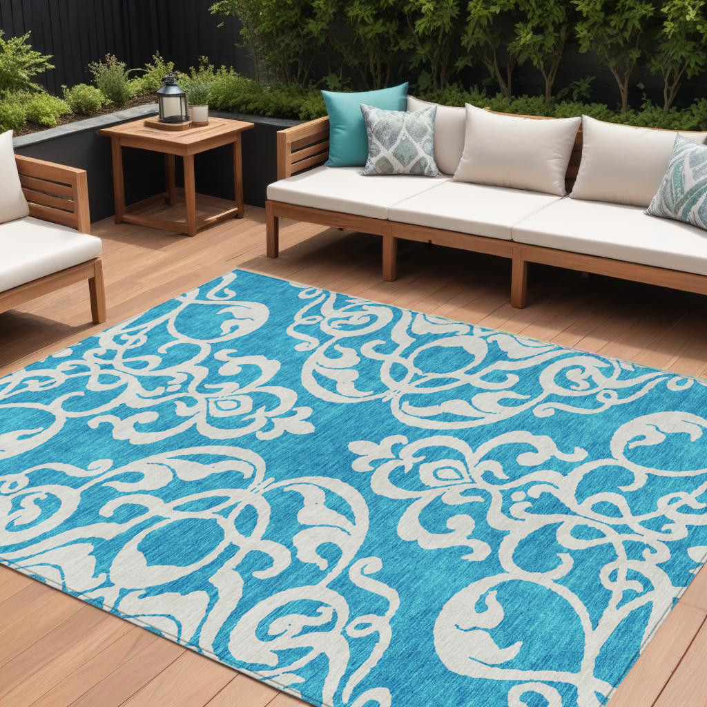 8' X 10' Turquoise And Ivory Damask Washable Indoor Outdoor Area Rug-614470-1