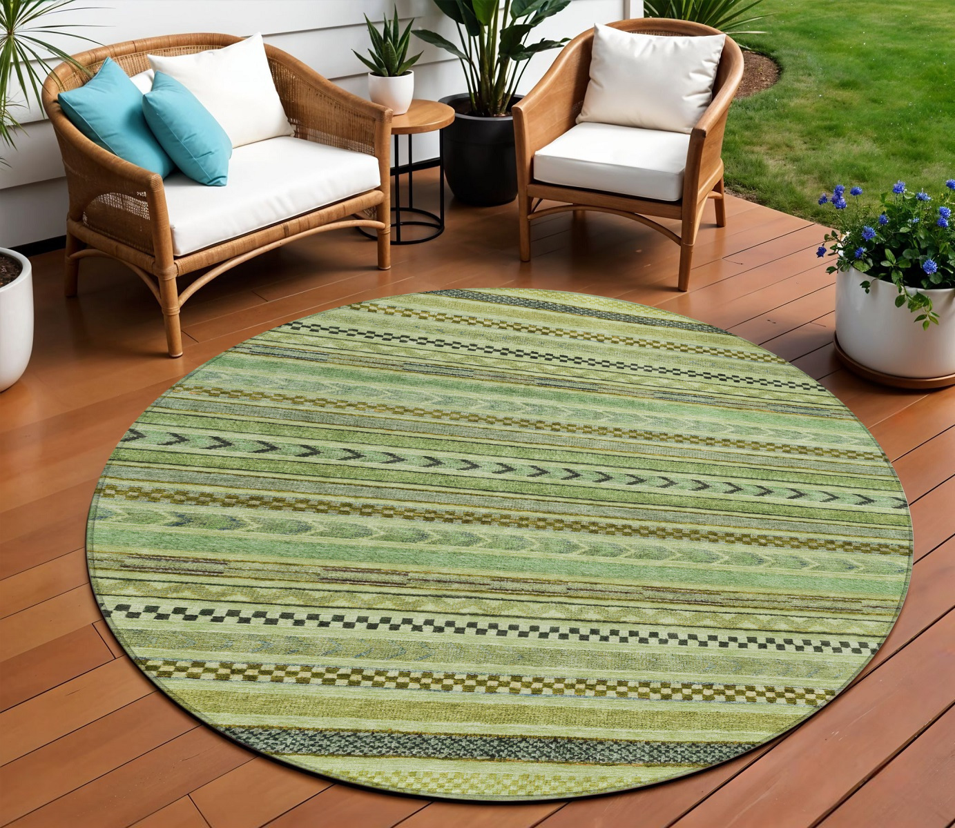8' Artichoke Green And Taupe Round Striped Washable Indoor Outdoor Area Rug-615316-1