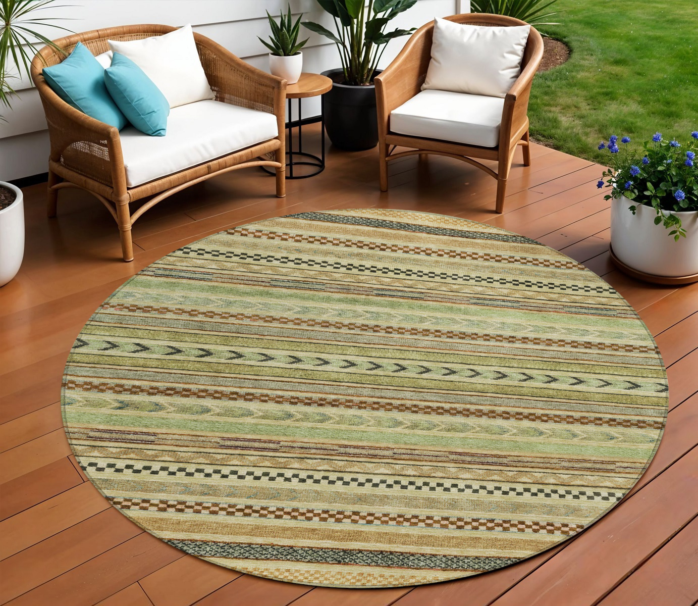 8' Beige And Taupe Round Striped Washable Indoor Outdoor Area Rug-615322-1