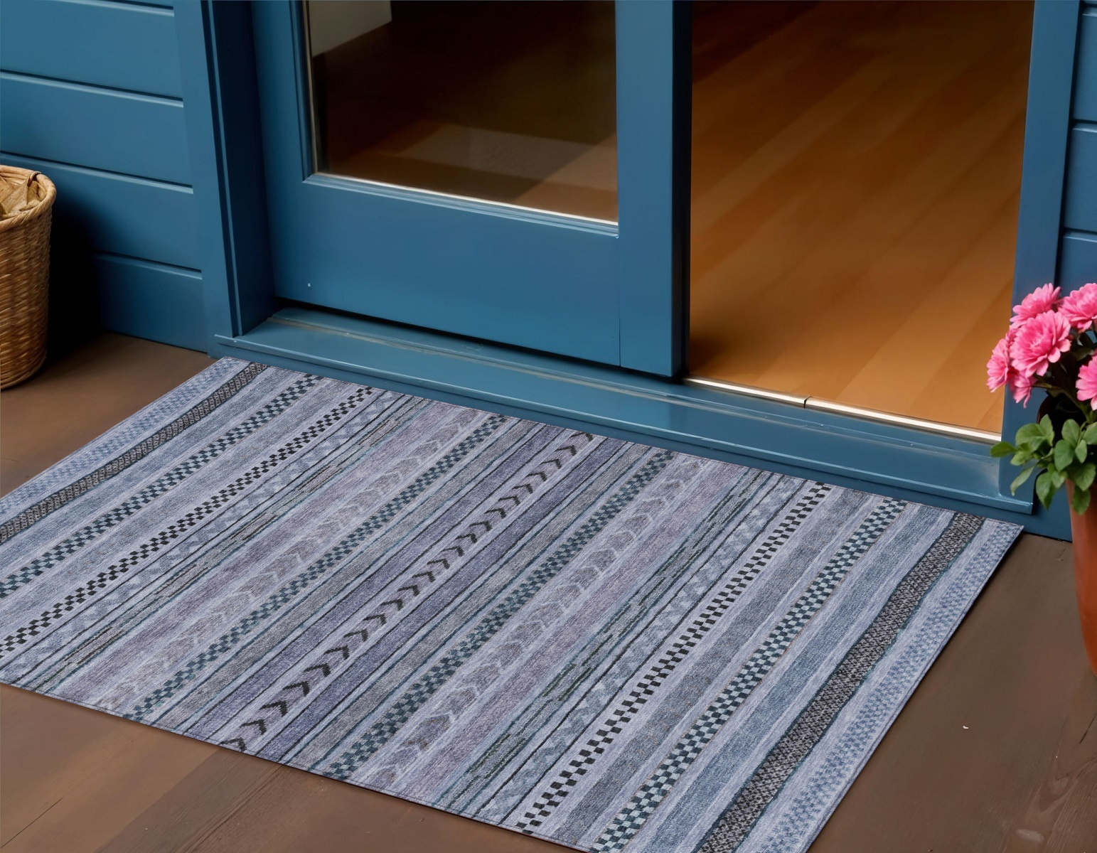 3' X 5' Blue And Taupe Striped Washable Indoor Outdoor Area Rug-615326-1
