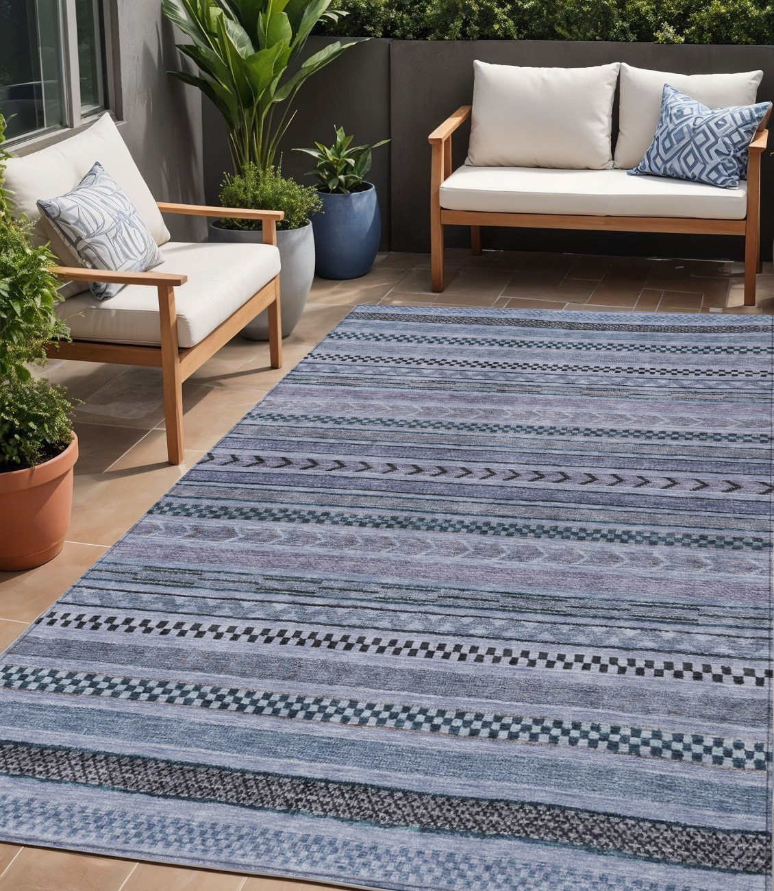 5' X 8' Blue And Taupe Striped Washable Indoor Outdoor Area Rug-615327-1