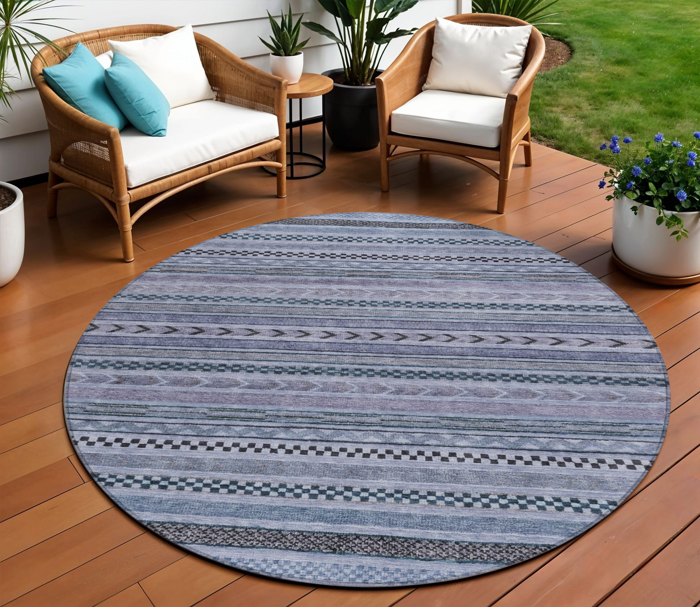 8' Blue And Taupe Round Striped Washable Indoor Outdoor Area Rug-615328-1