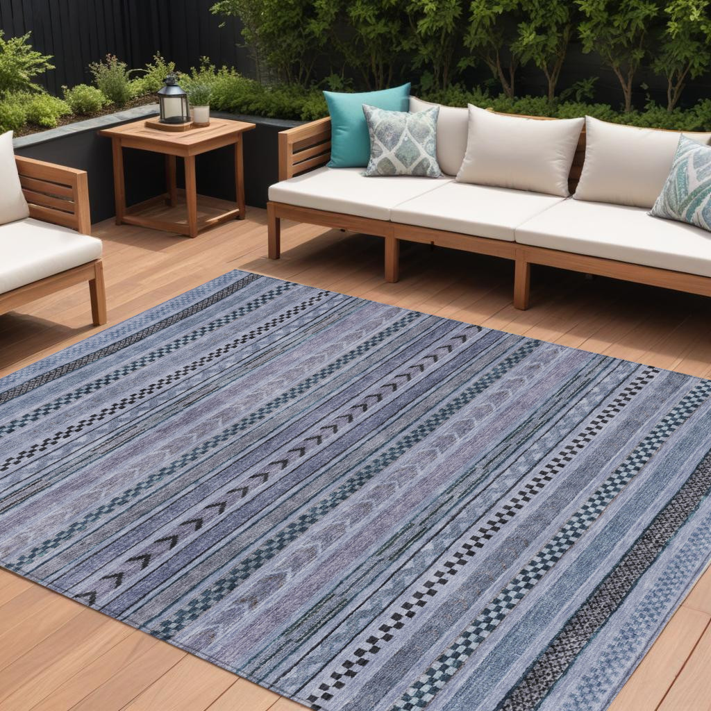 9' X 12' Blue And Taupe Striped Washable Indoor Outdoor Area Rug-615330-1