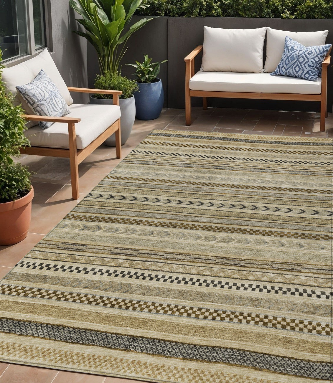 5' X 8' Chocolate And Taupe Striped Washable Indoor Outdoor Area Rug-615333-1