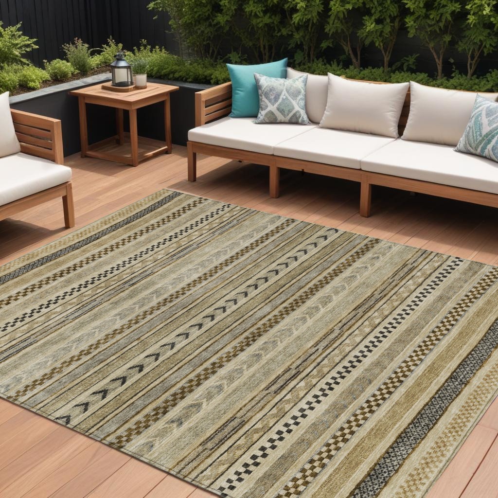 10' X 14' Chocolate And Taupe Striped Washable Indoor Outdoor Area Rug-615337-1