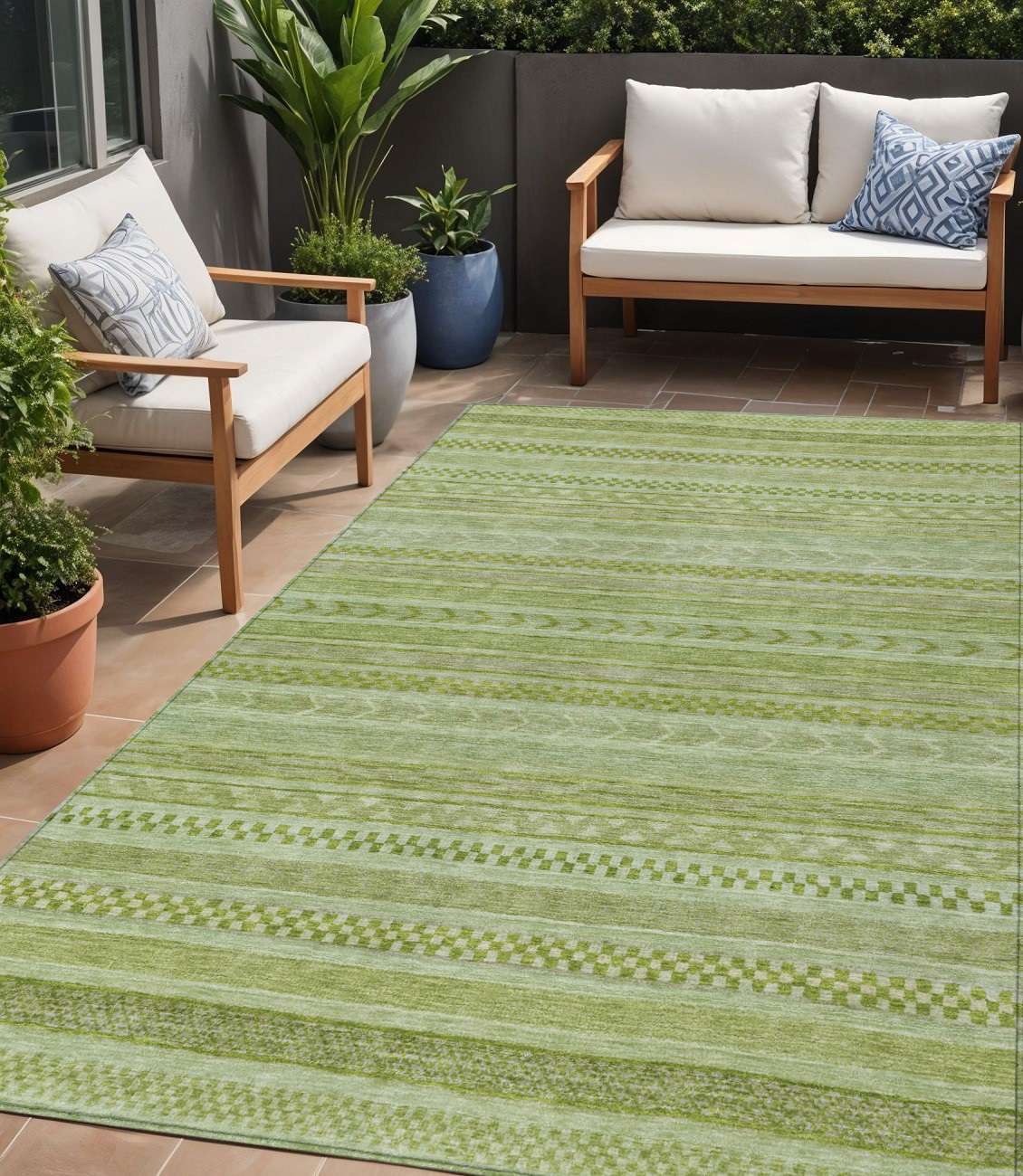5' X 8' Fern Green And Sage Striped Washable Indoor Outdoor Area Rug-615339-1