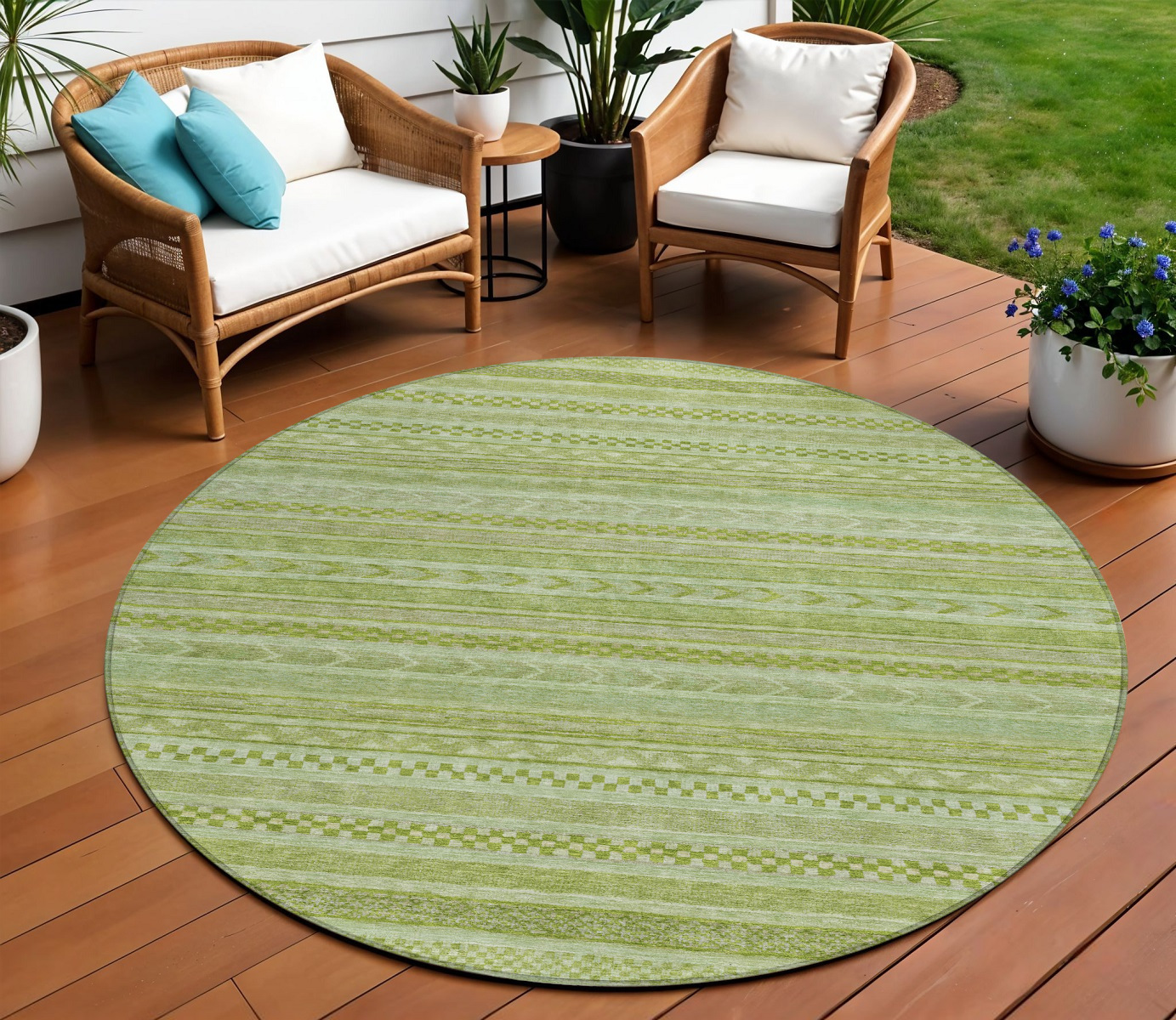 8' Fern Green And Sage Round Striped Washable Indoor Outdoor Area Rug-615340-1