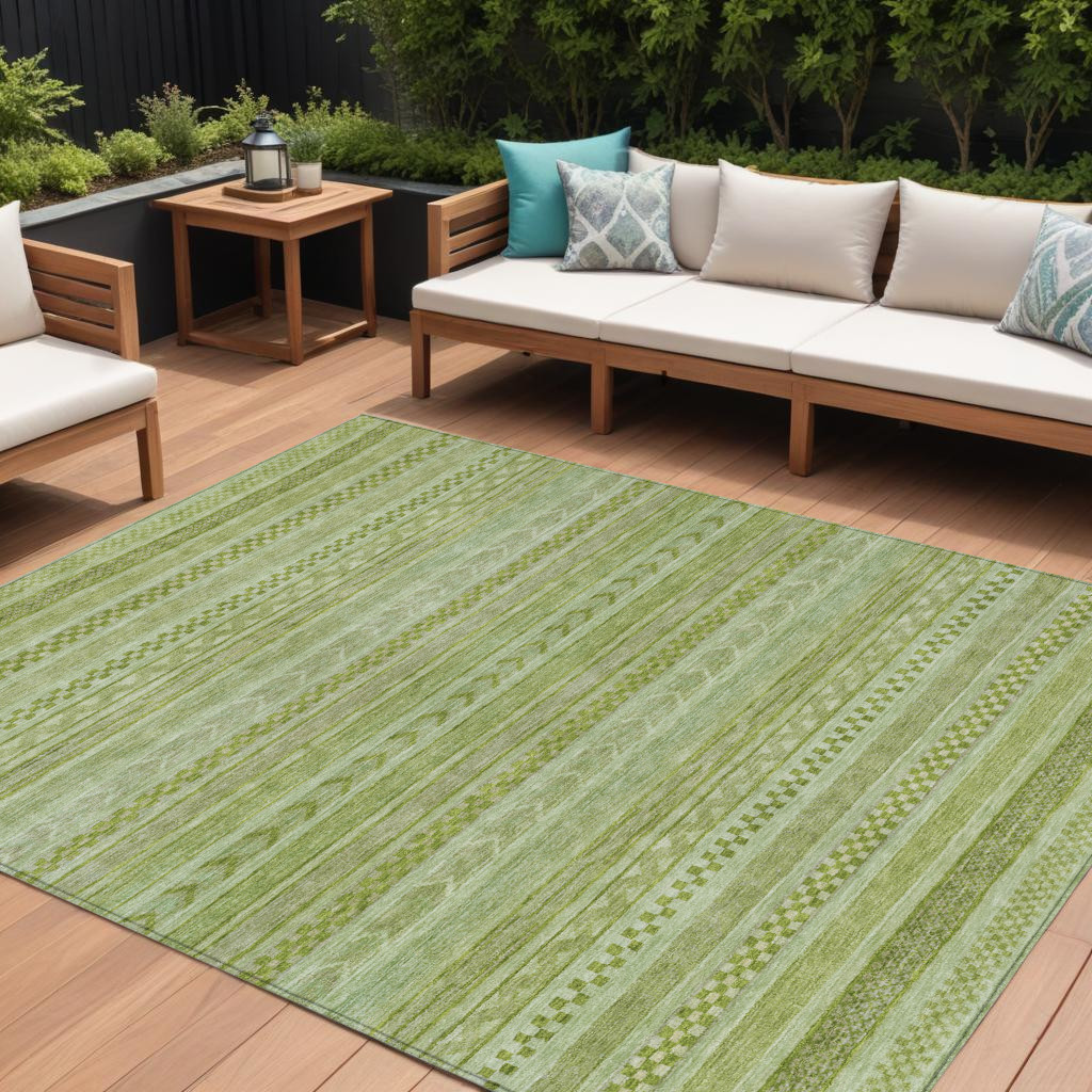 10' X 14' Fern Green And Sage Striped Washable Indoor Outdoor Area Rug-615343-1