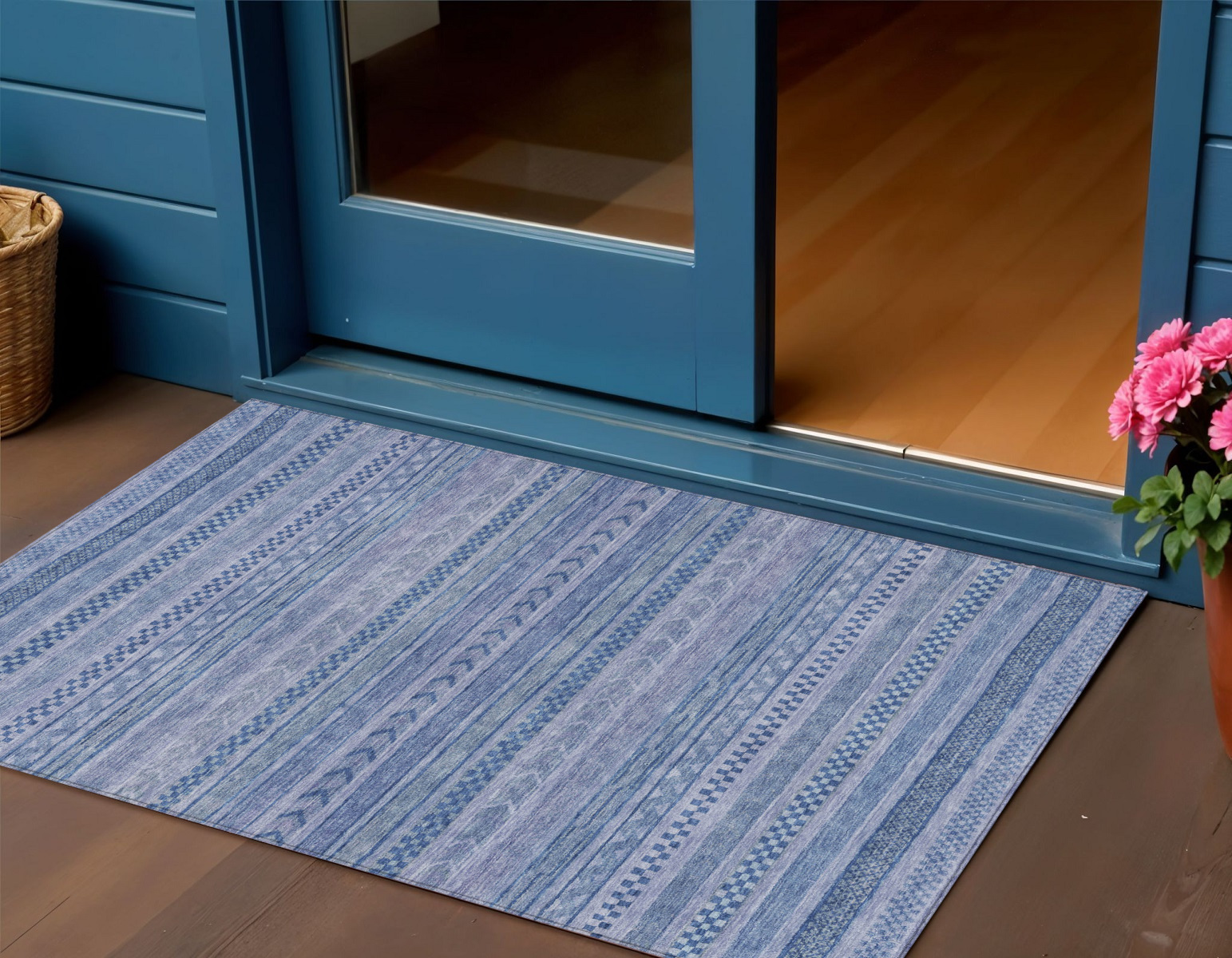 3' X 5' Denim Blue And Sky Blue Striped Washable Indoor Outdoor Area Rug-615344-1