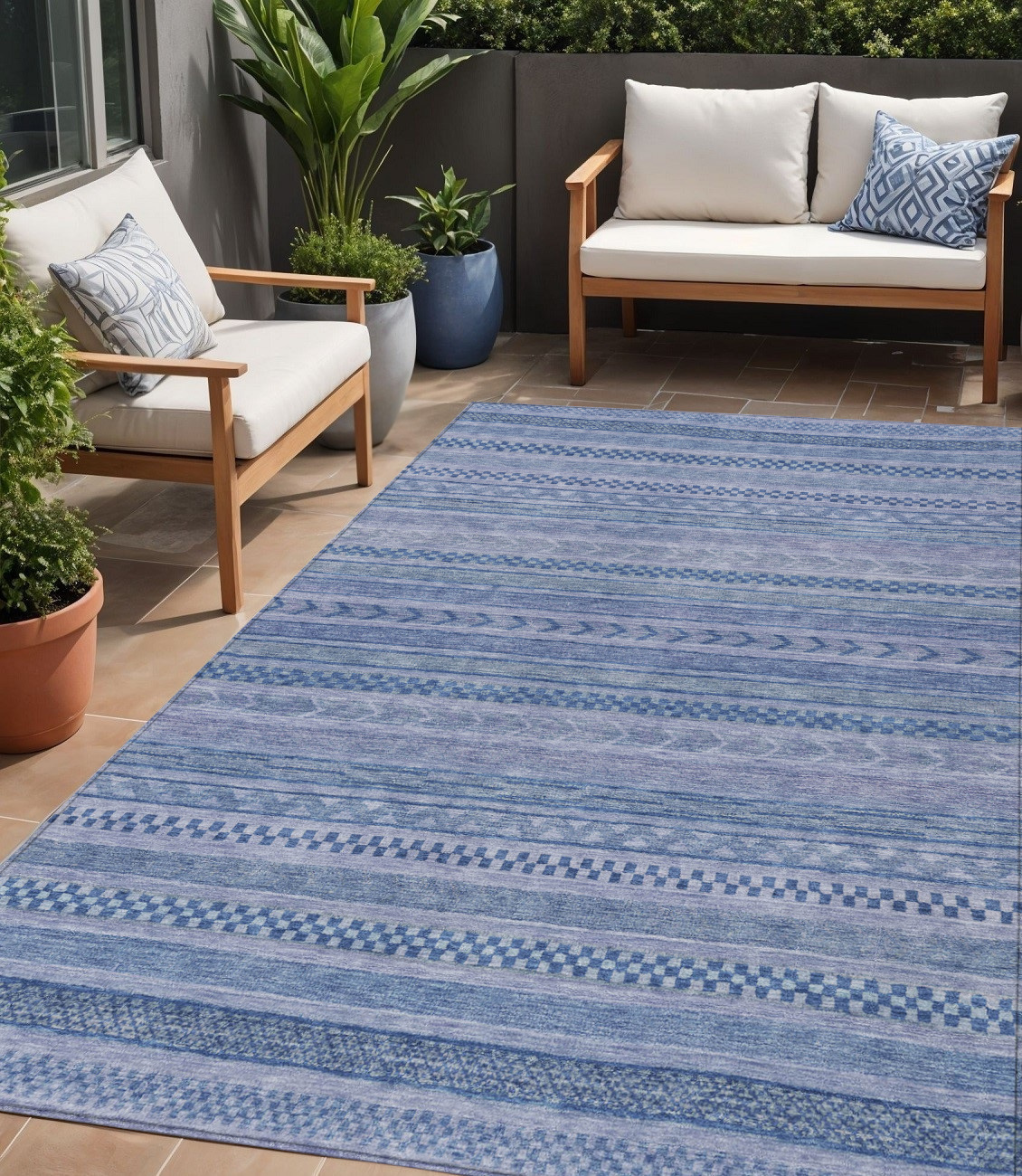 5' X 8' Denim Blue And Sky Blue Striped Washable Indoor Outdoor Area Rug-615345-1