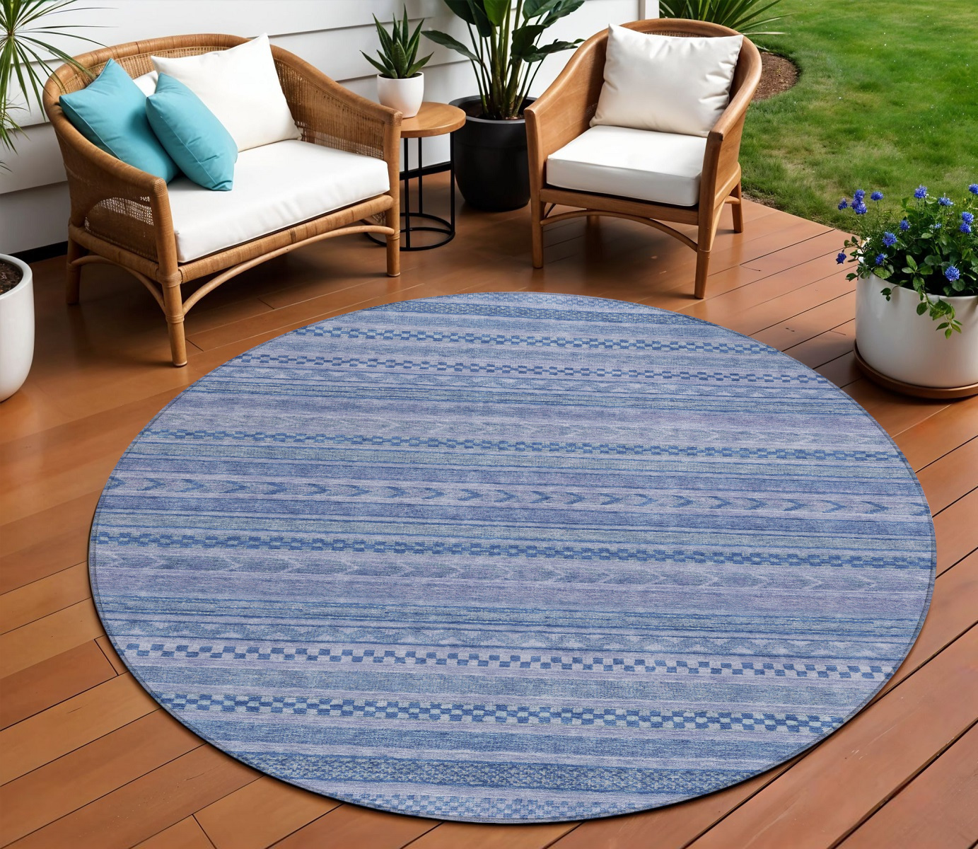8' Denim Blue And Sky Blue Round Striped Washable Indoor Outdoor Area Rug-615346-1