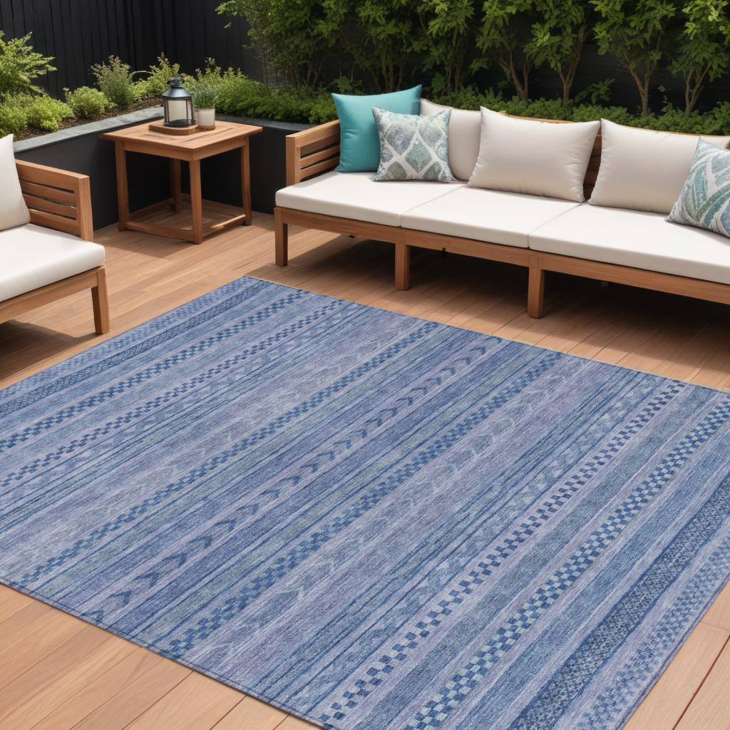9' X 12' Denim Blue And Sky Blue Striped Washable Indoor Outdoor Area Rug-615348-1