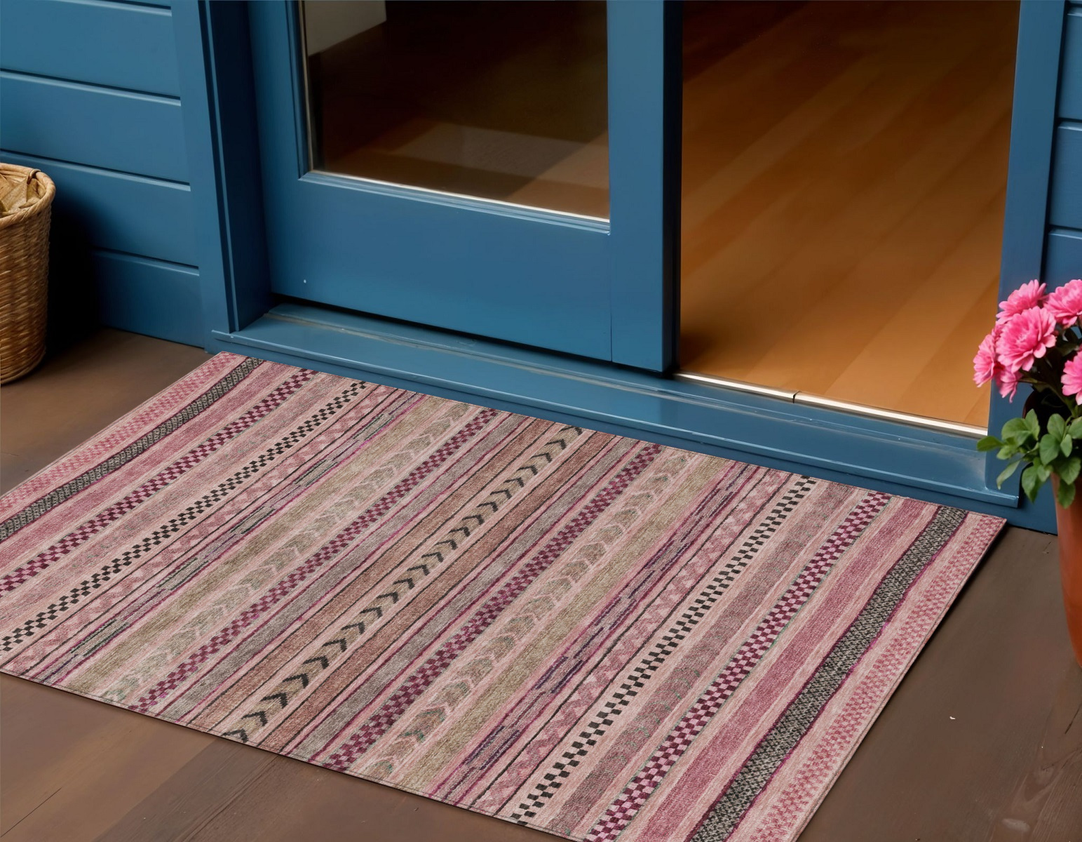 3' X 5' Pink And Taupe Striped Washable Indoor Outdoor Area Rug-615350-1