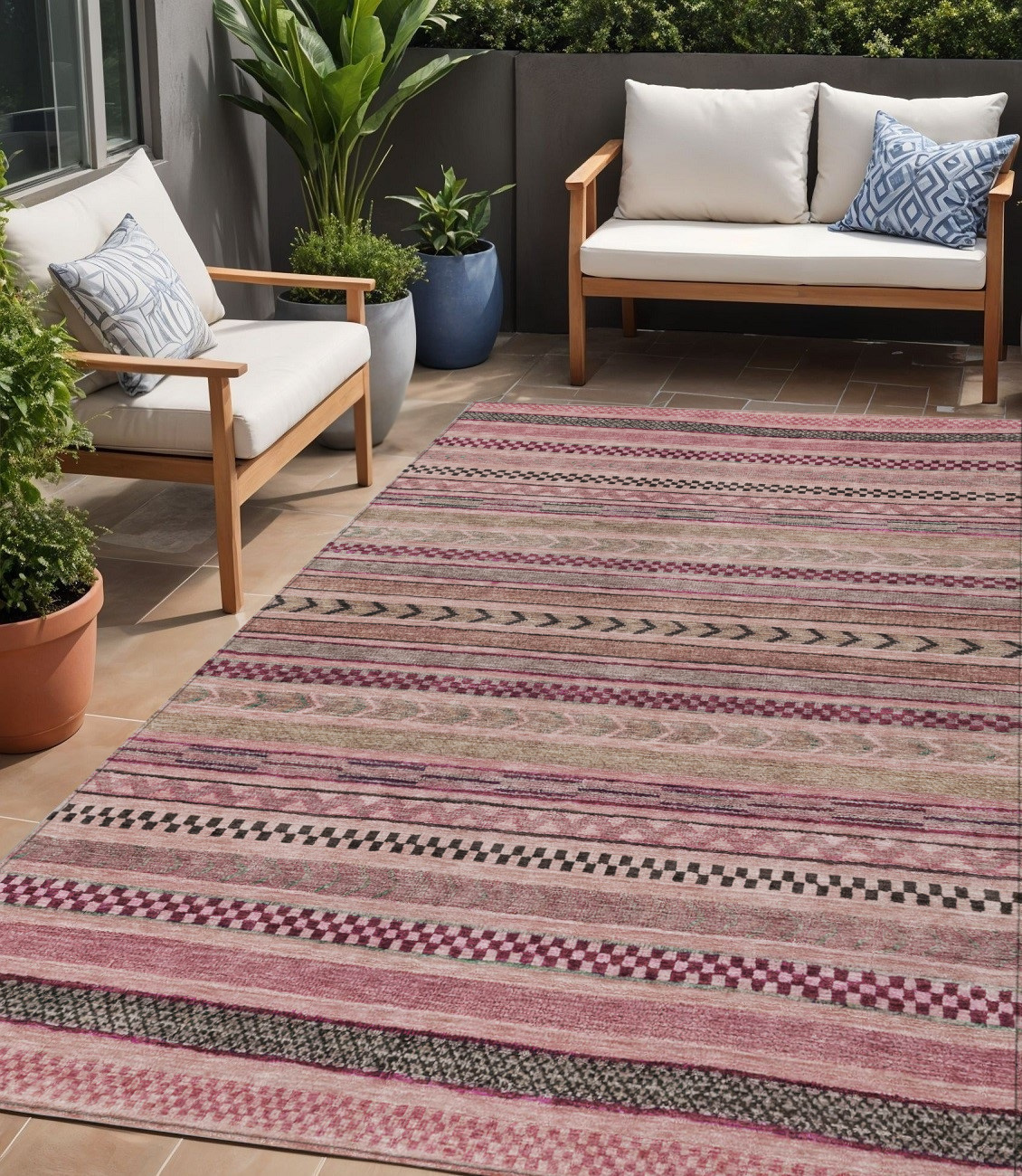 5' X 8' Pink And Taupe Striped Washable Indoor Outdoor Area Rug-615351-1