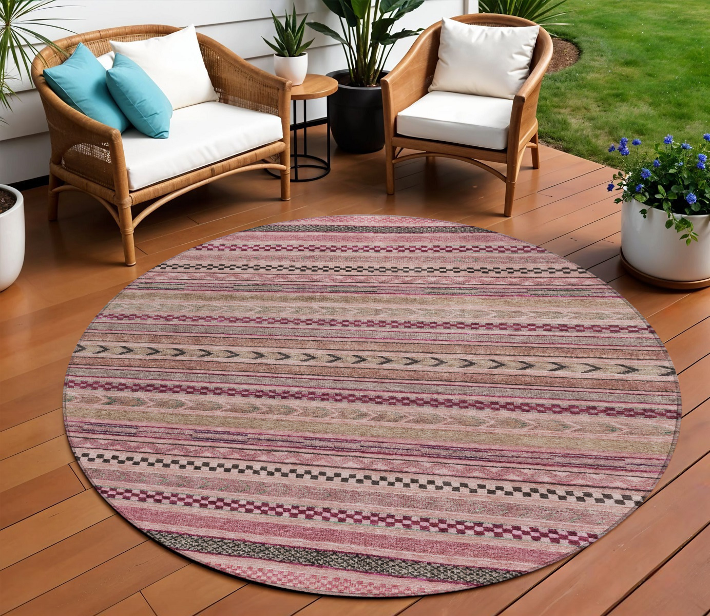 8' Pink And Taupe Round Striped Washable Indoor Outdoor Area Rug-615352-1