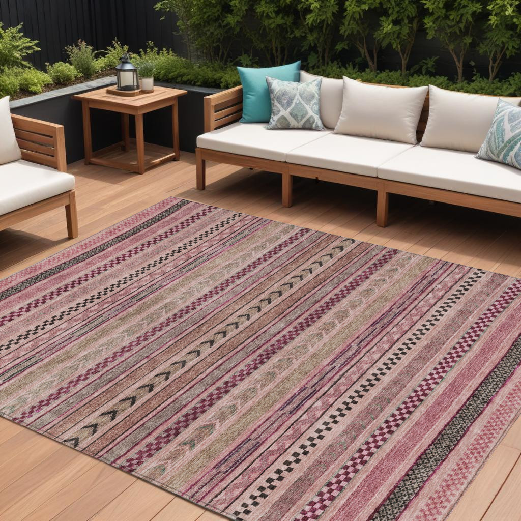 8' X 10' Pink And Taupe Striped Washable Indoor Outdoor Area Rug-615353-1