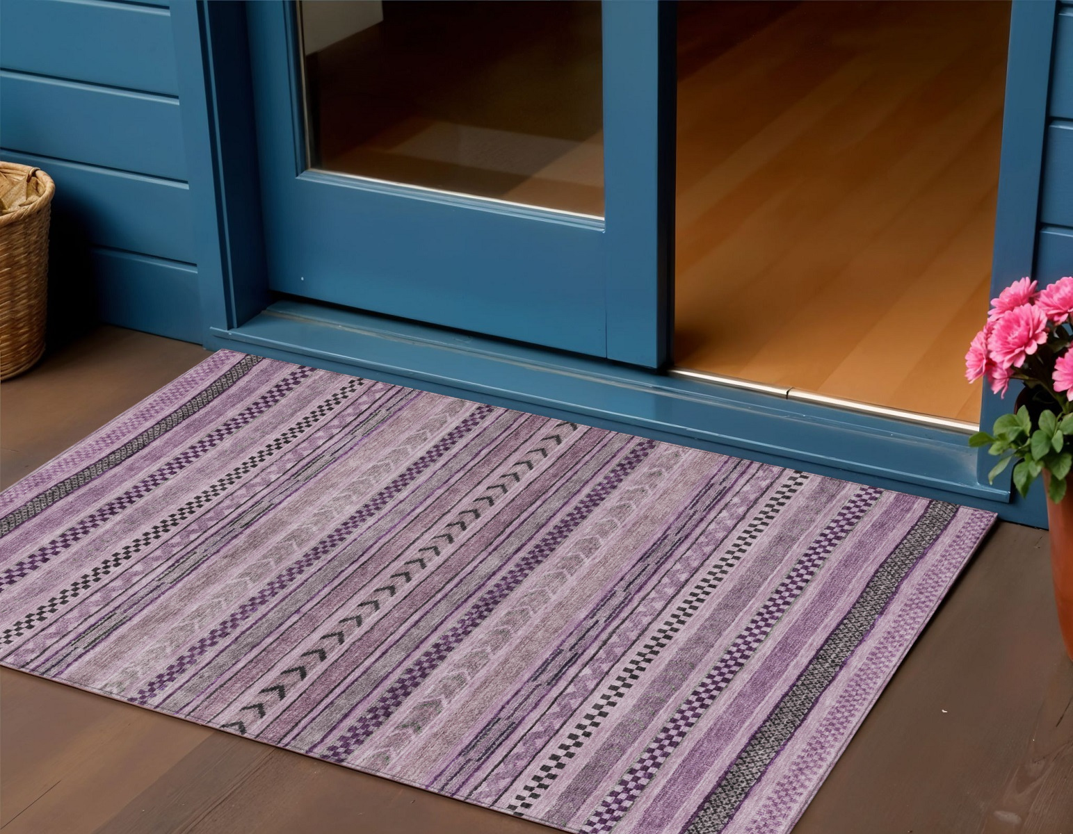 3' X 5' Plum And Lilac Striped Washable Indoor Outdoor Area Rug-615356-1
