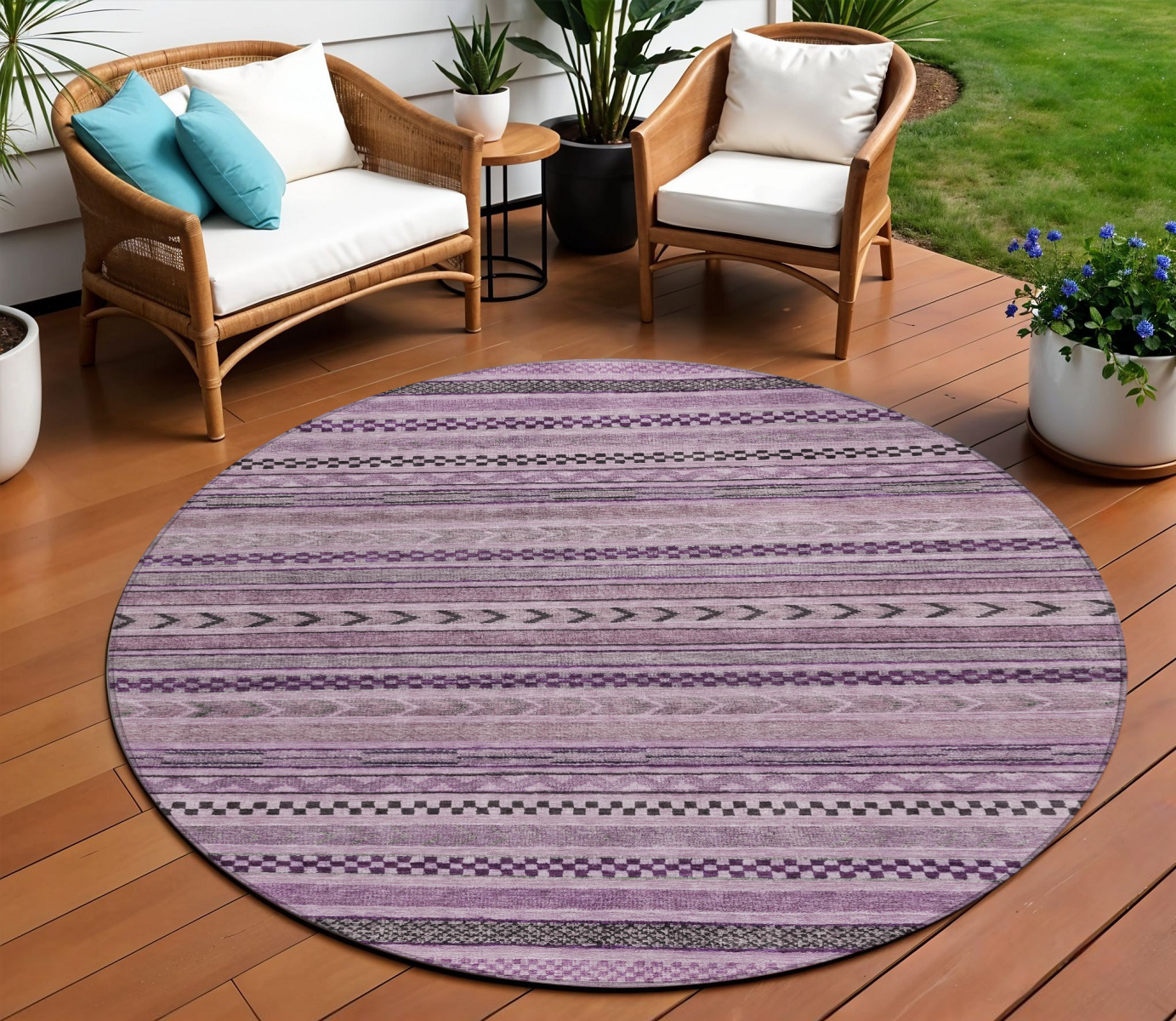 8' Plum And Lilac Round Striped Washable Indoor Outdoor Area Rug-615358-1