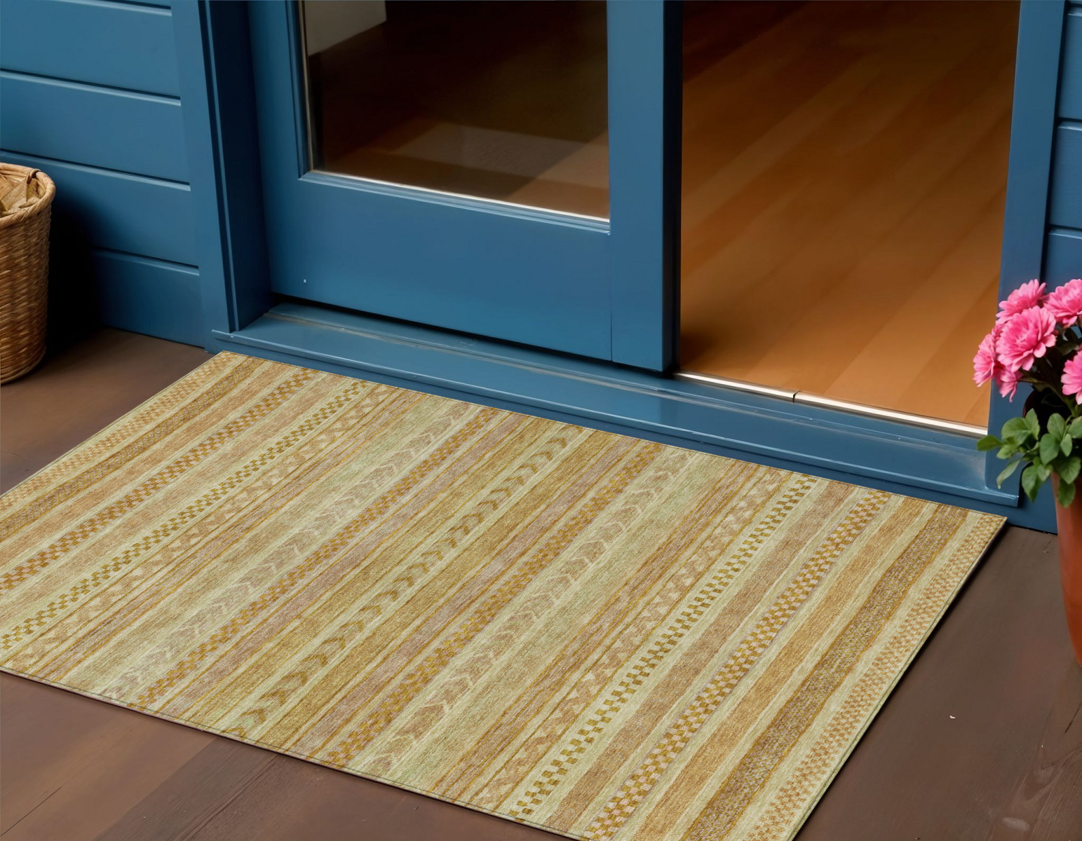 3' X 5' Salmon And Gold Striped Washable Indoor Outdoor Area Rug-615362-1