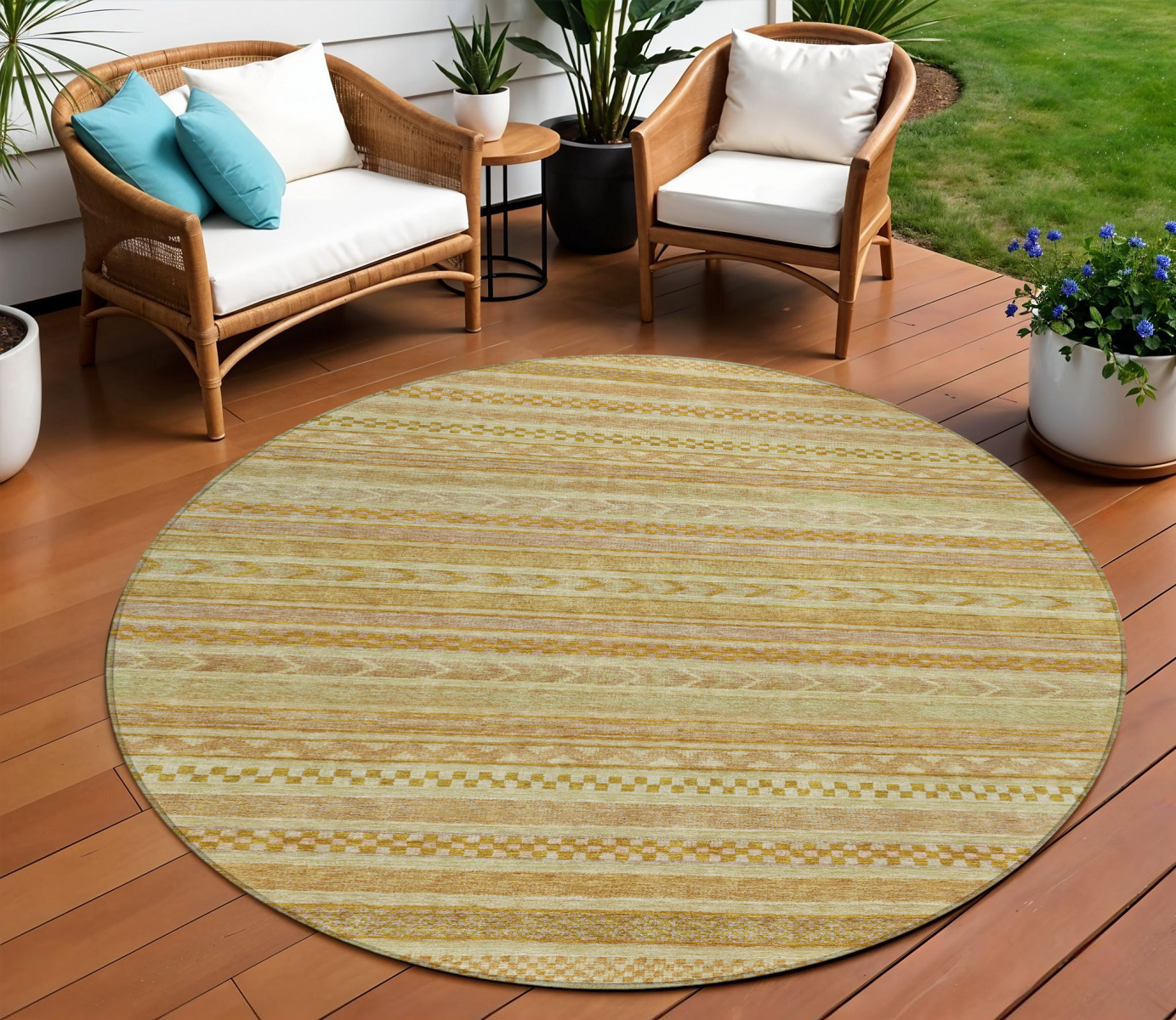 8' Salmon And Gold Round Striped Washable Indoor Outdoor Area Rug-615364-1