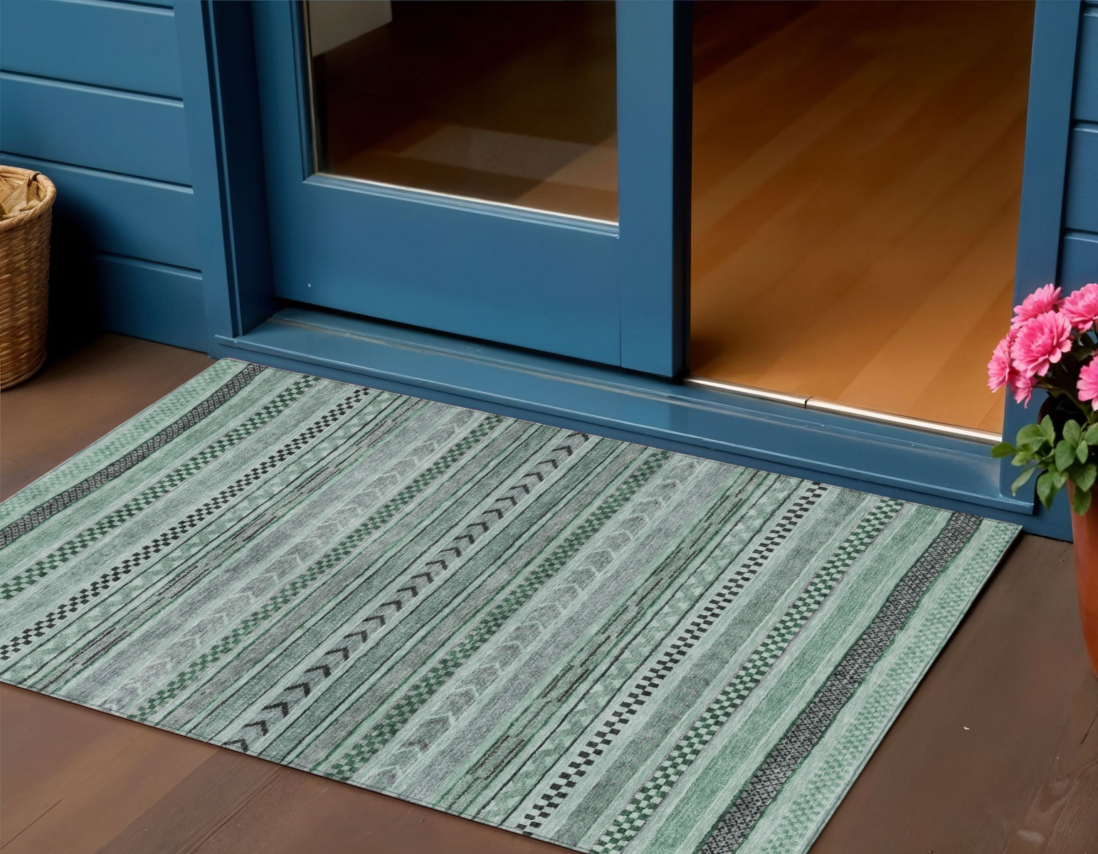 3' X 5' Teal Blue And Gray Striped Washable Indoor Outdoor Area Rug-615368-1