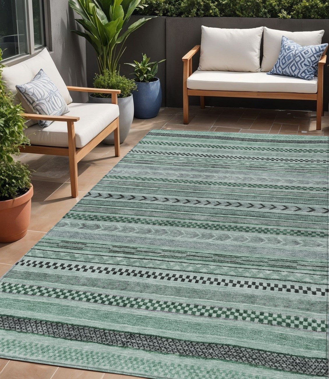 5' X 8' Teal Blue And Gray Striped Washable Indoor Outdoor Area Rug-615369-1