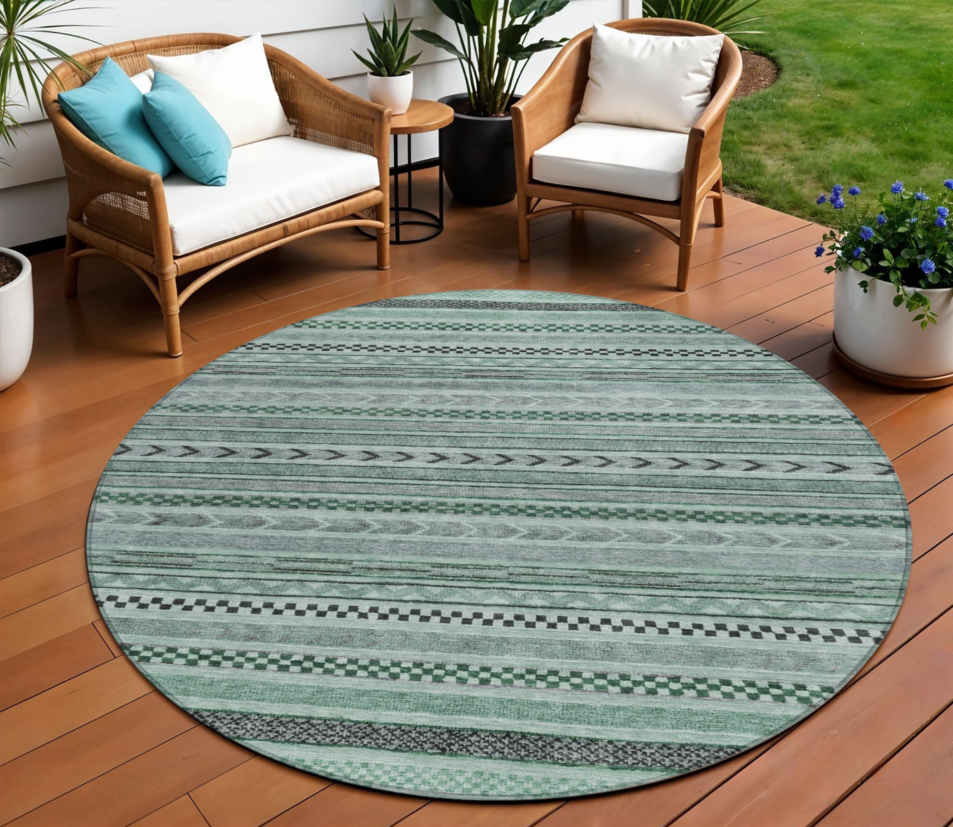 8' Teal Blue And Gray Round Striped Washable Indoor Outdoor Area Rug-615370-1