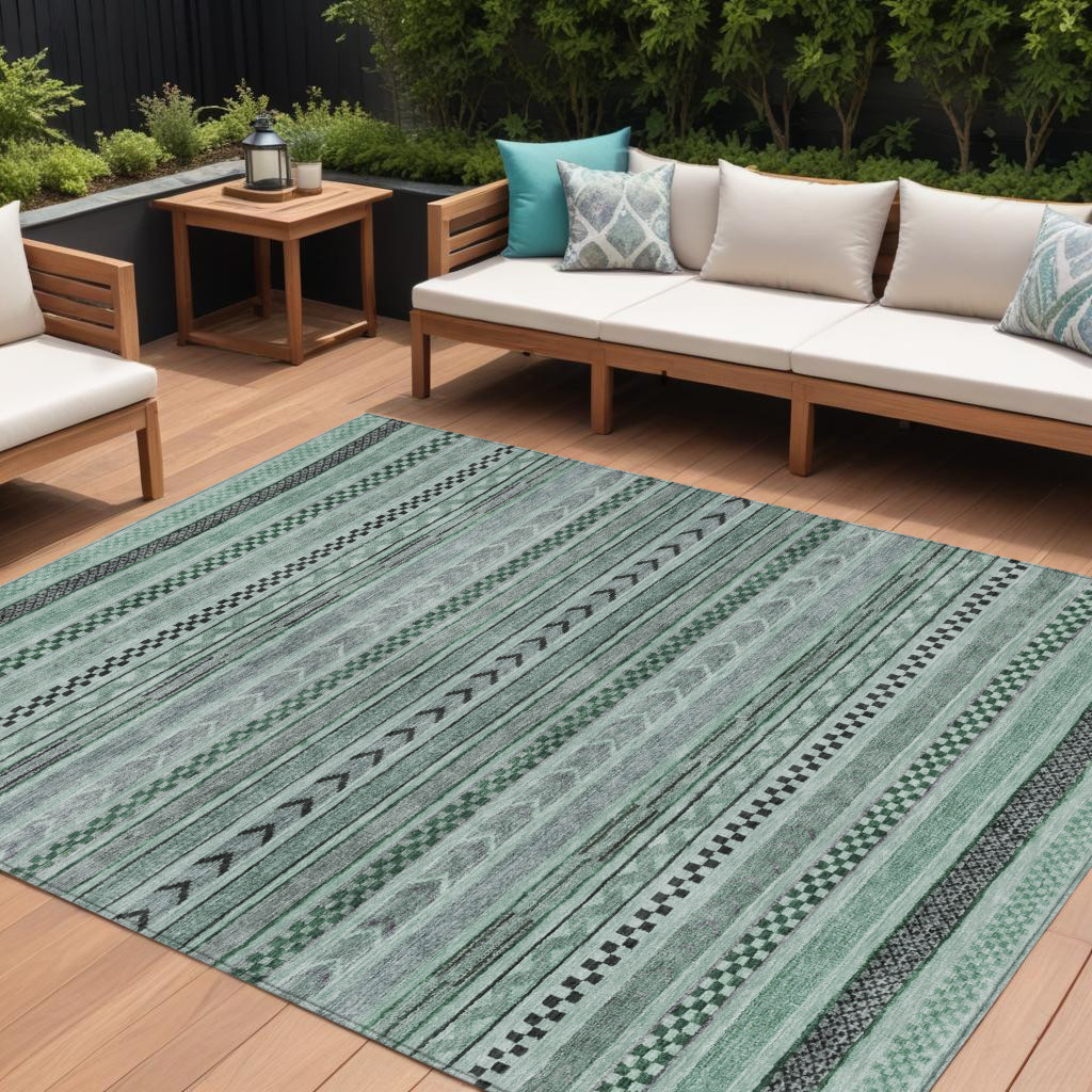 10' X 14' Teal Blue And Gray Striped Washable Indoor Outdoor Area Rug-615373-1