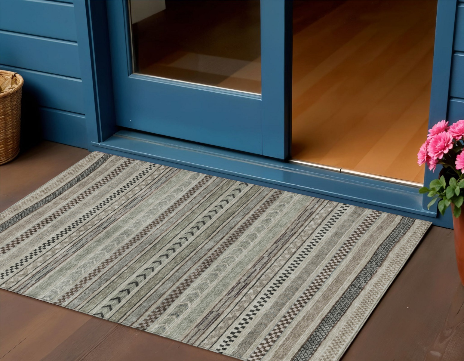 3' X 5' Taupe And Brown Striped Washable Indoor Outdoor Area Rug-615374-1