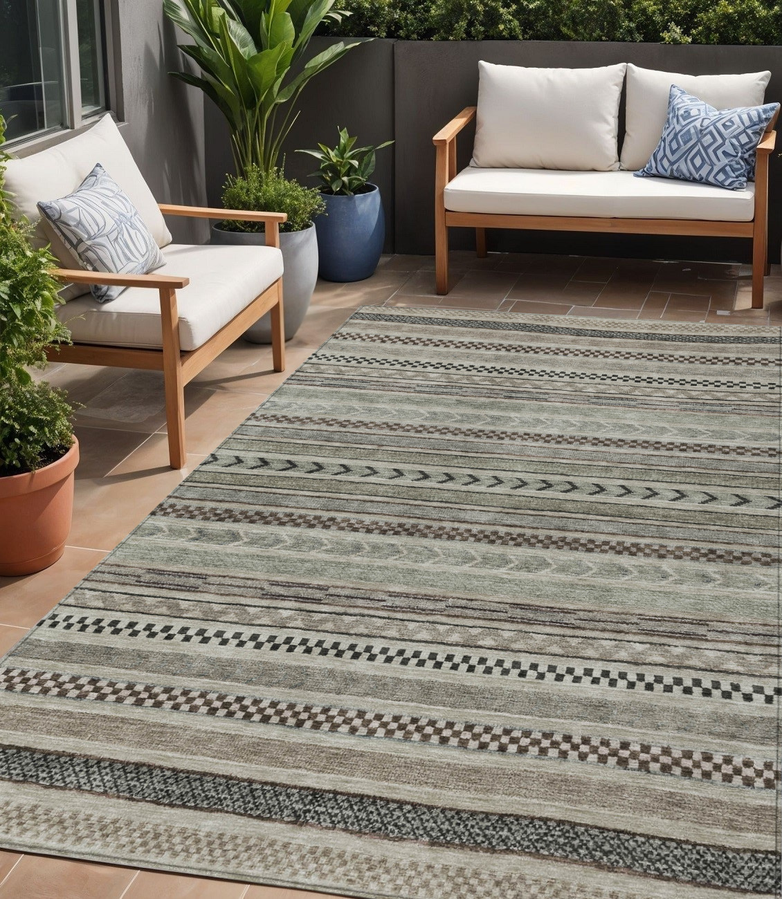 5' X 8' Taupe And Brown Striped Washable Indoor Outdoor Area Rug-615375-1