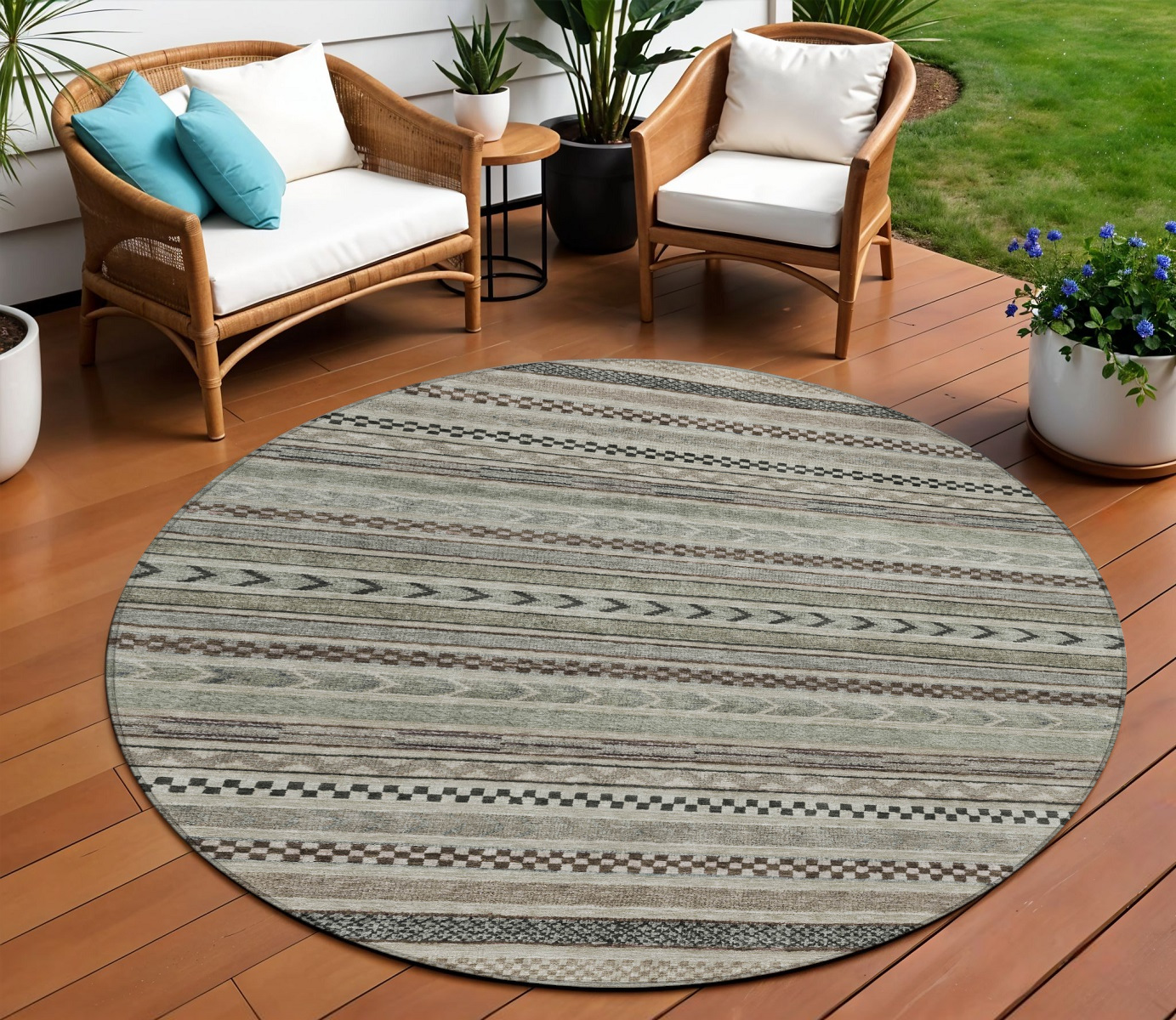 8' Taupe And Brown Round Striped Washable Indoor Outdoor Area Rug-615376-1