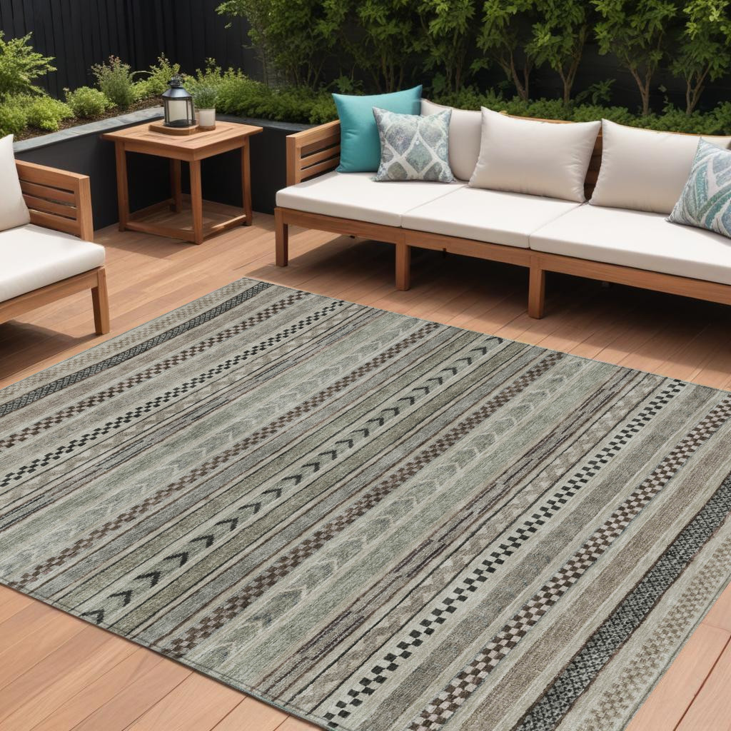 10' X 14' Taupe And Brown Striped Washable Indoor Outdoor Area Rug-615379-1