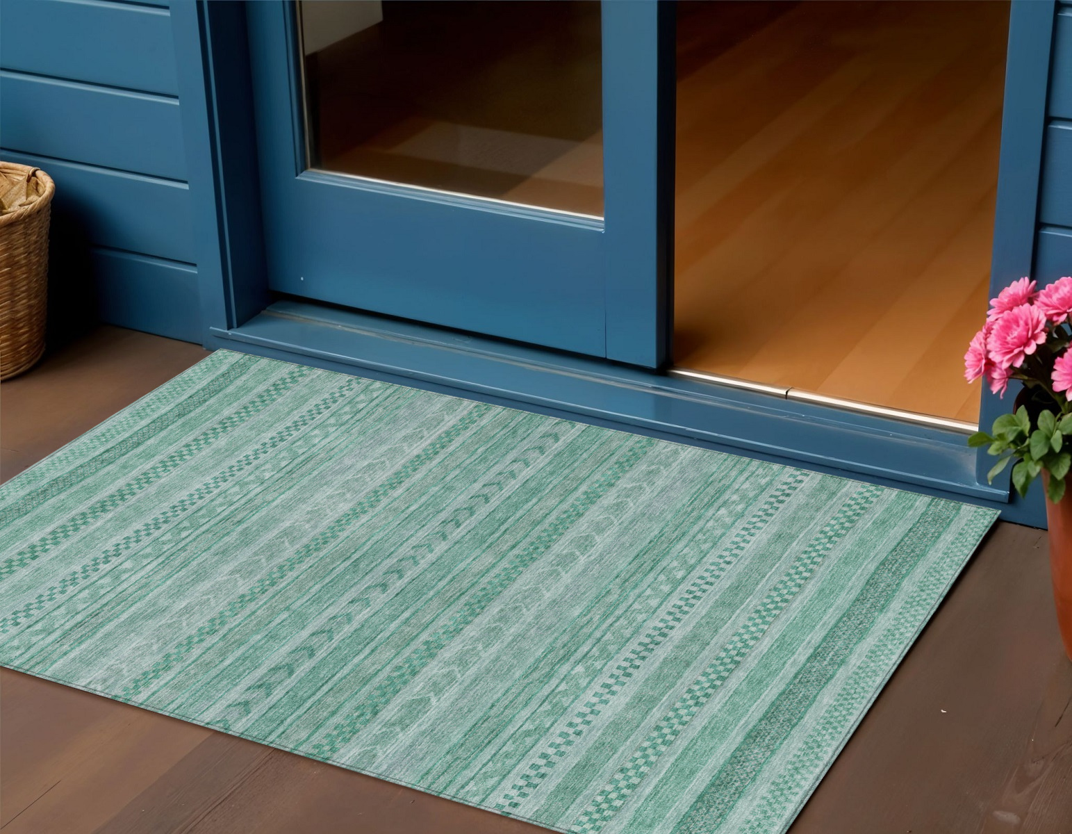 3' X 5' Turquoise And Aqua Striped Washable Indoor Outdoor Area Rug-615380-1