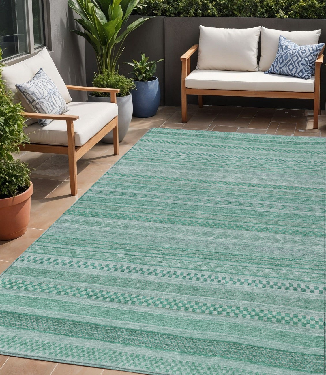 5' X 8' Turquoise And Aqua Striped Washable Indoor Outdoor Area Rug-615381-1