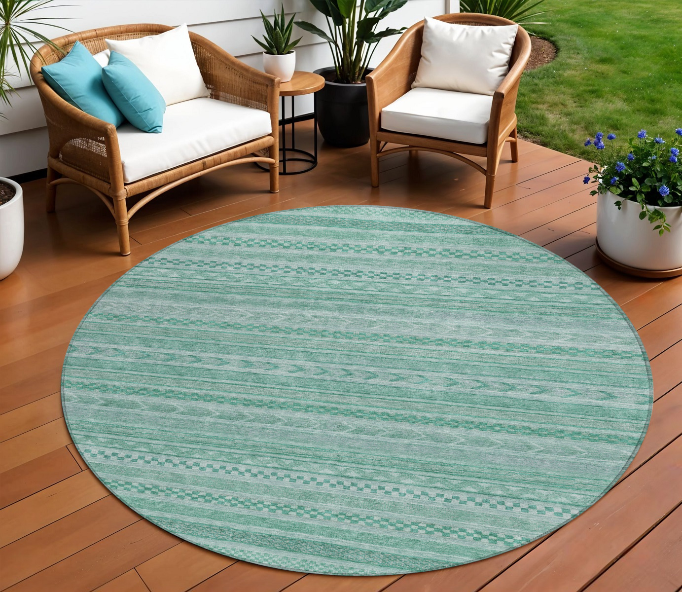 8' Turquoise And Aqua Round Striped Washable Indoor Outdoor Area Rug-615382-1