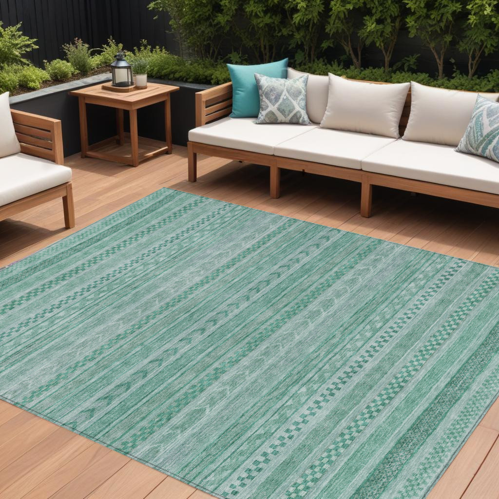 9' X 12' Turquoise And Aqua Striped Washable Indoor Outdoor Area Rug-615384-1