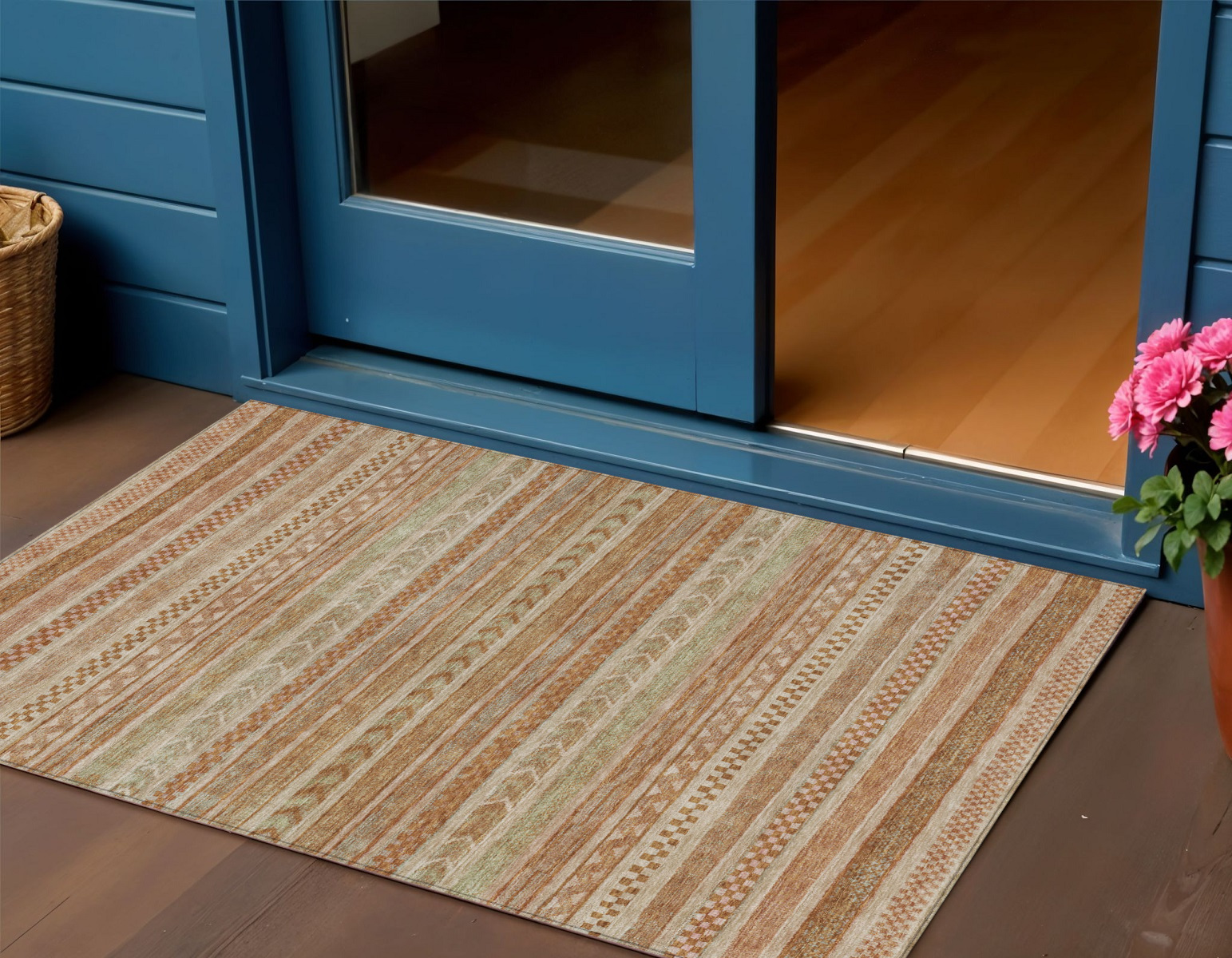 3' X 5' Terra Cotta And Rust Striped Washable Indoor Outdoor Area Rug-615386-1