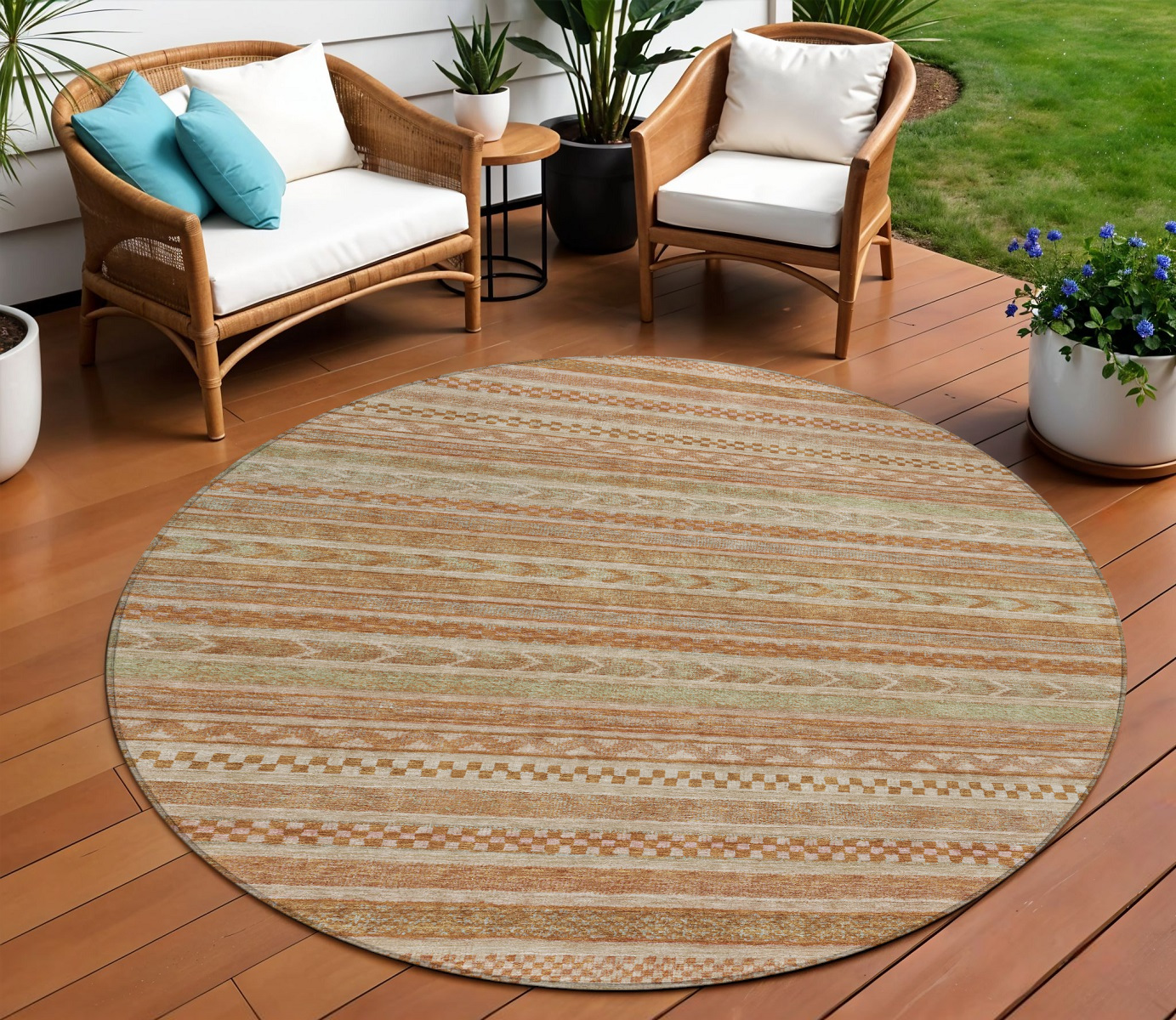 8' Terra Cotta And Rust Round Striped Washable Indoor Outdoor Area Rug-615388-1