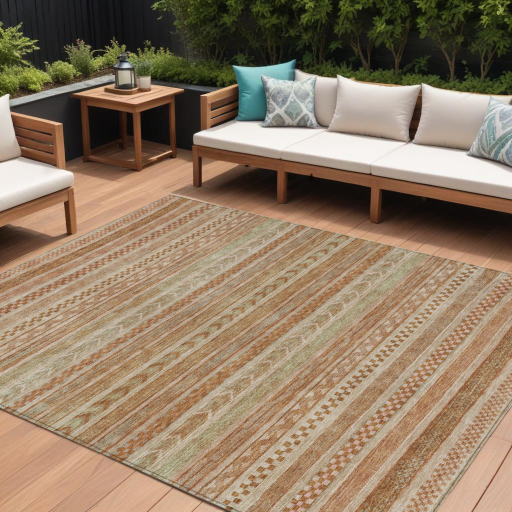 9' X 12' Terra Cotta And Rust Striped Washable Indoor Outdoor Area Rug-615390-1