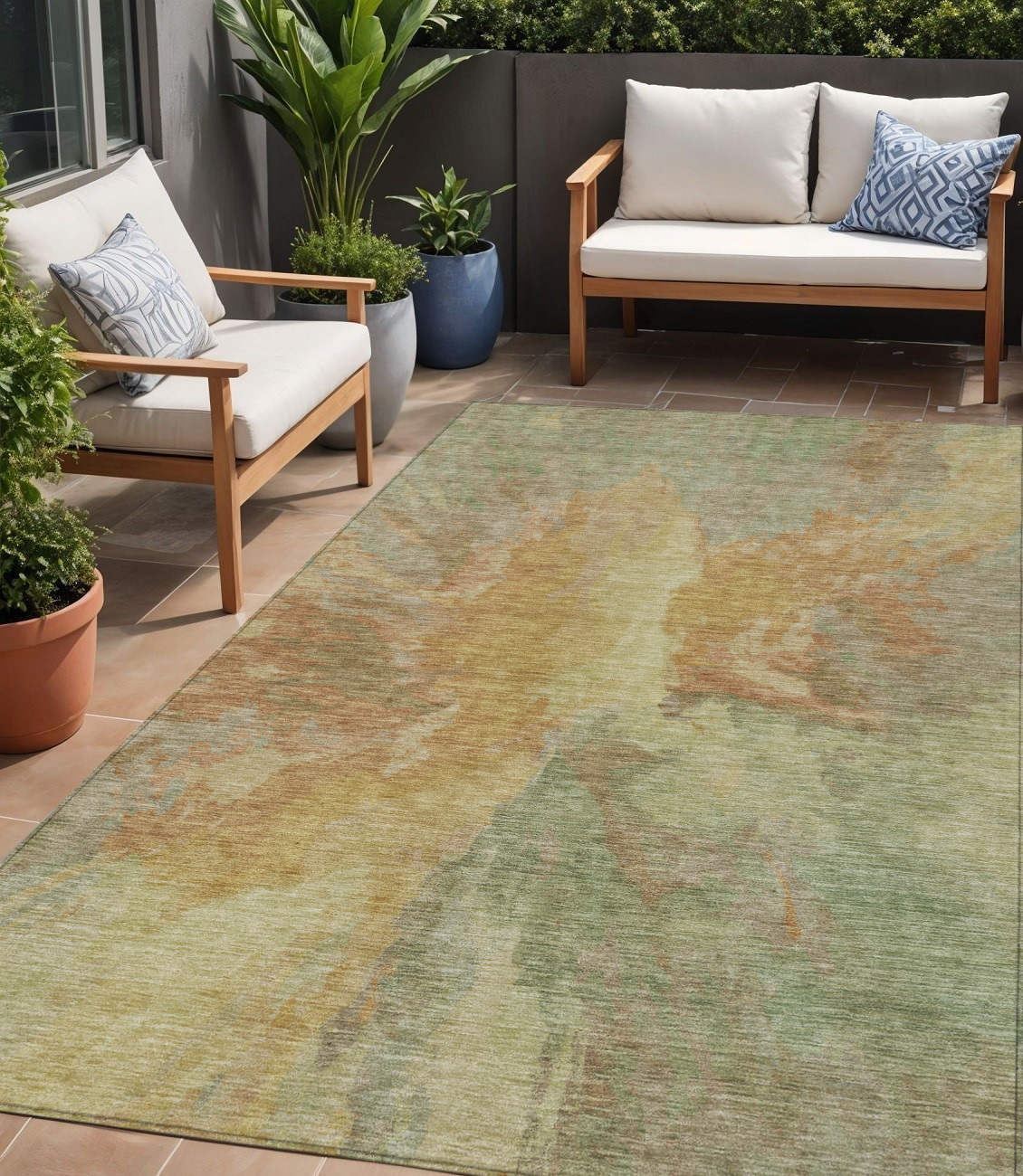 5' X 8' Artichoke Green And Gold Abstract Washable Indoor Outdoor Area Rug-615585-1